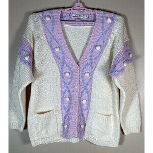 vintage 80s CARDIGAN SWEATER Pastel pom poms long sleeve colorful C-44"